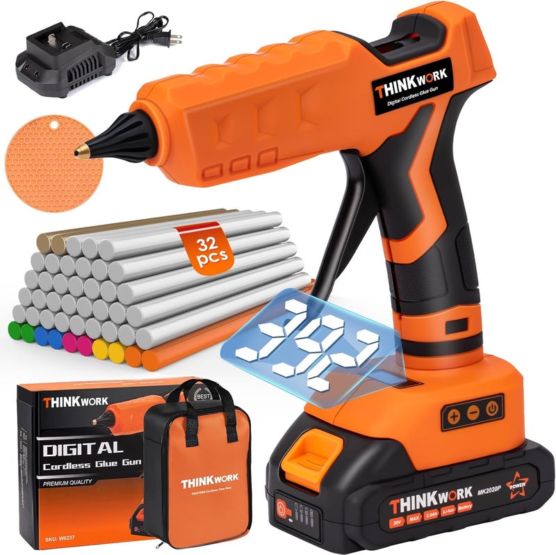 THINKWORK 20V Cordless Glue Gun - Digital Temp Adjustable Drip-Free Fast Heating Full Size Heavy Duty Hot Glue Gun with 32 Glue Sticks for Crafts DIY, Repair, Gift - Image 1